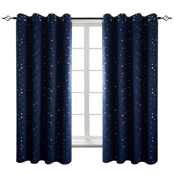 Kids Blackout Curtains Set 52x63 Navy Blue Silver Stars Insulated Darkening New - Picture 1 of 9